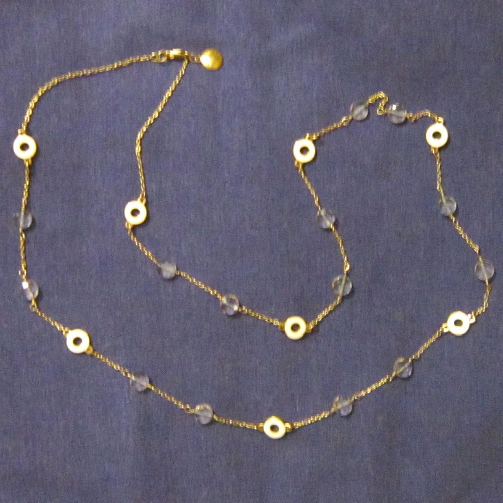 3 for💲25🌟long ivory/cream enamel circle clear bead station necklace gold-tone